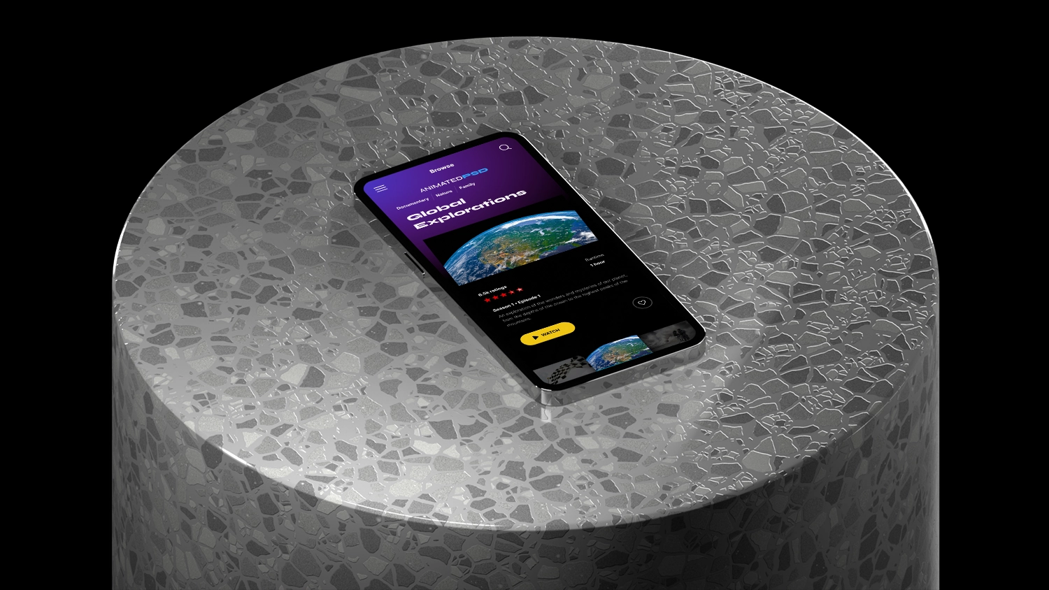 terrazzo plinth with mobile device on top on black background