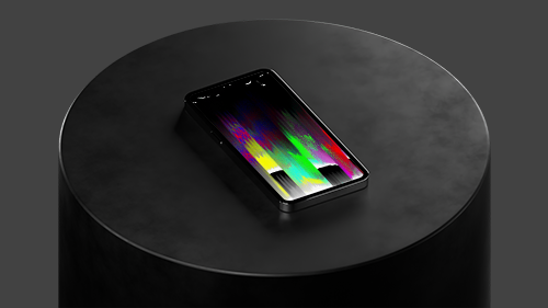 A mobile device sitting on cylindrical black plinth with a dark background